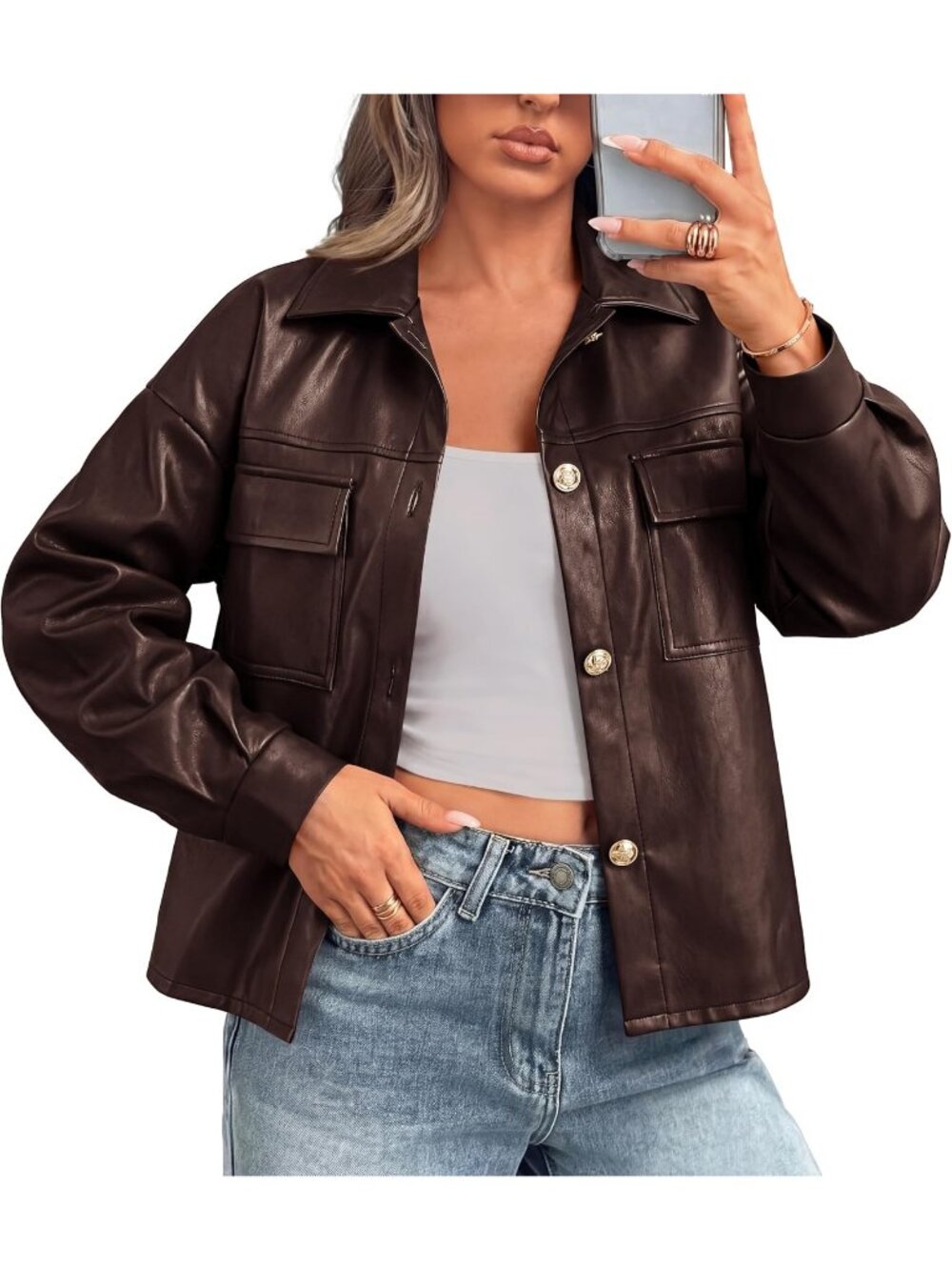 Women's Brown Button Down Faux Leather Jacket Patch Pockets Motorcycle Jackets
